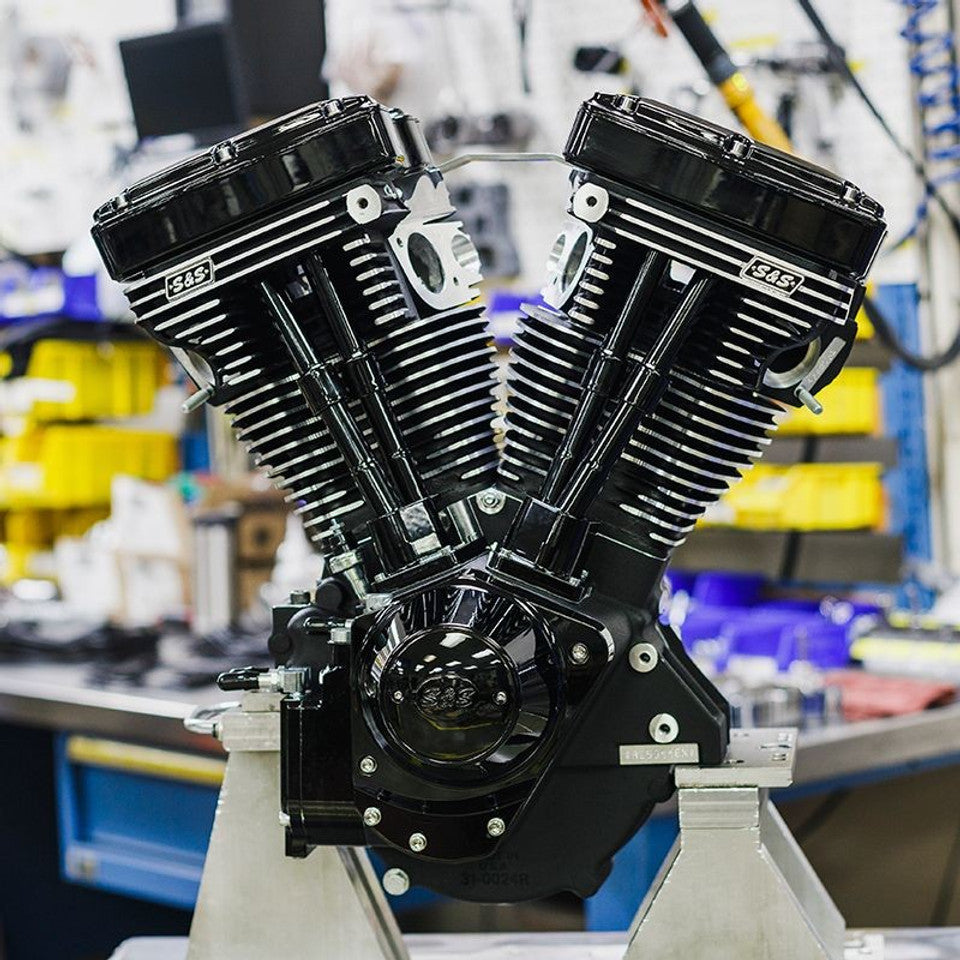 S&S Cycle #: 310-1158 Black Edition V124 Long Block Engine w/o Induction/Ignition, 640 Cam, and Gloss Black Billet Gear Cover