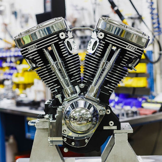 S&S Cycle #: 310-1159 Chrome and Winkle Black V124 Long Block Engine w/o Induction/Ignition, 640 Cam, and Chrome Billet Gear Cover